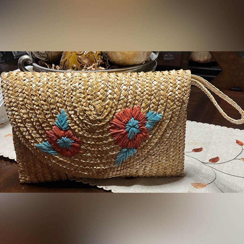 Woven Straw Clutch with Floral Embroidery